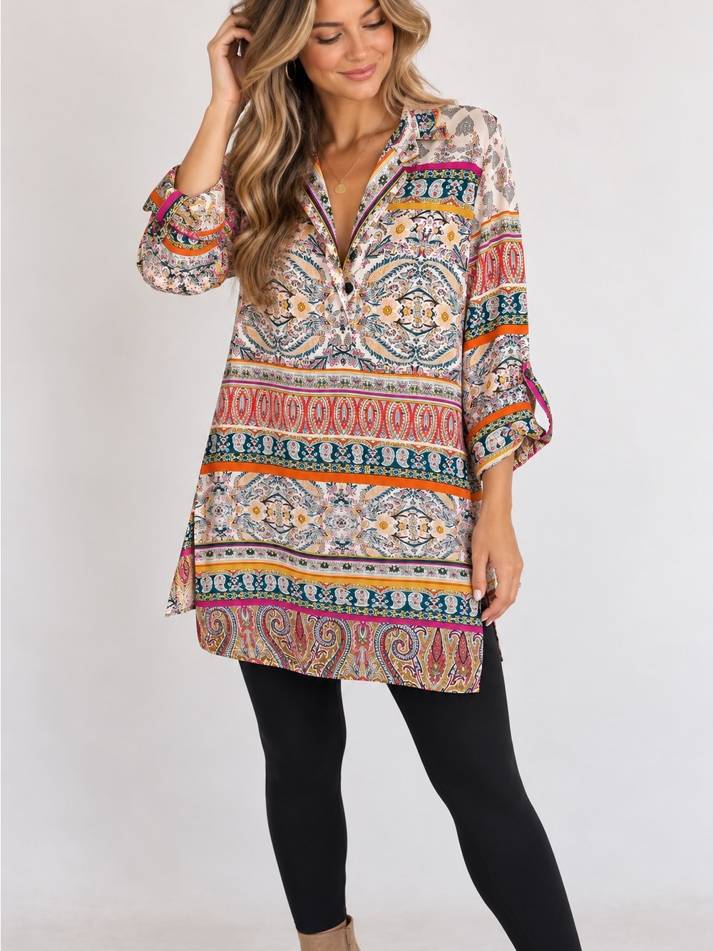 WD.NY Black Women’s L Paisley Boho Long Tunic Blouse Multicolor Scarf Print